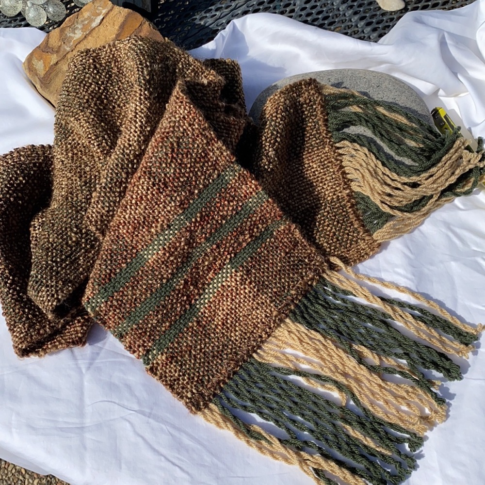 NEW Scarf Unisex handmade woven brown green fringe soft long acrylic fringe - Picture 7 of 10
